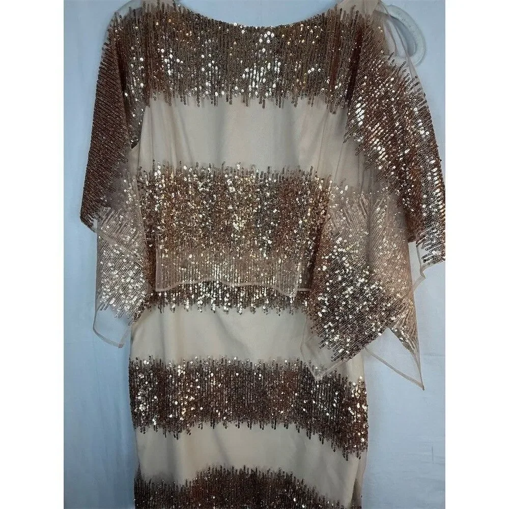 Belle Badgley Mischka Dress Womens 6 Beige Sequin Stripe Sheer Cape Cocktail - Picture 5 of 16